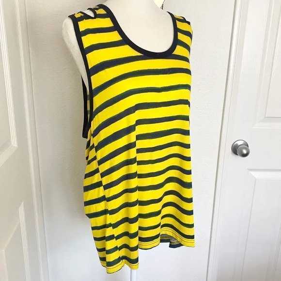 April May Yellow and Blue Striped Shoulder Cut Out Tank Top - Picture 2 of 10